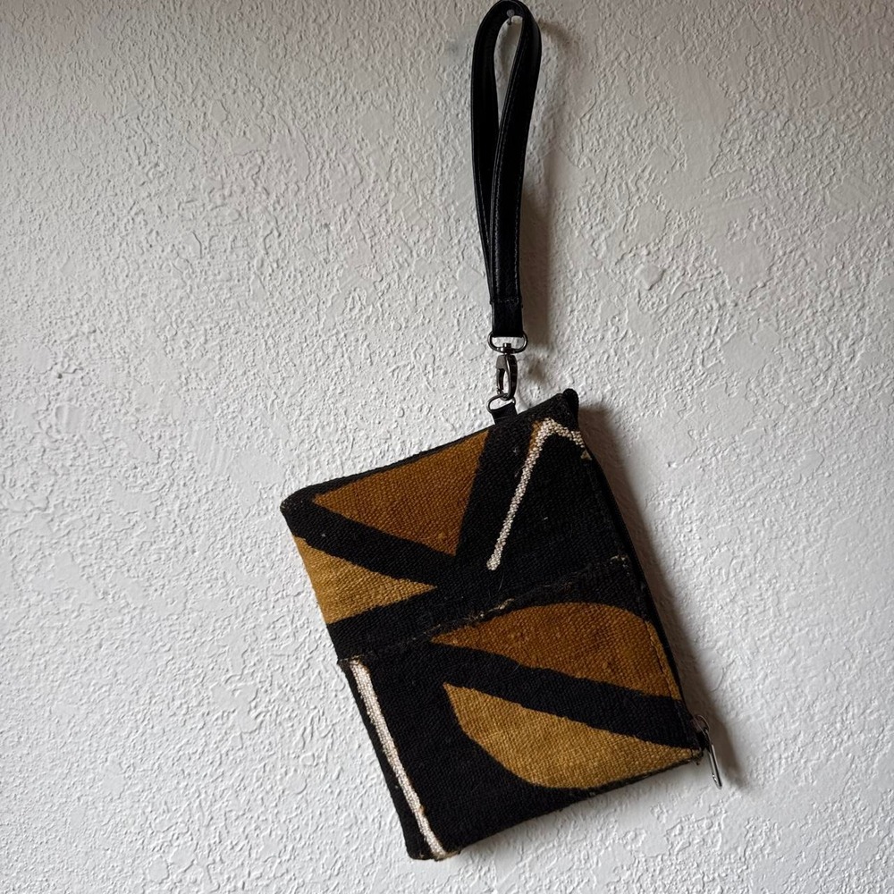 Mudcloth Black Brown Canvas Wristlet Boho African Geometric Pouch Bag